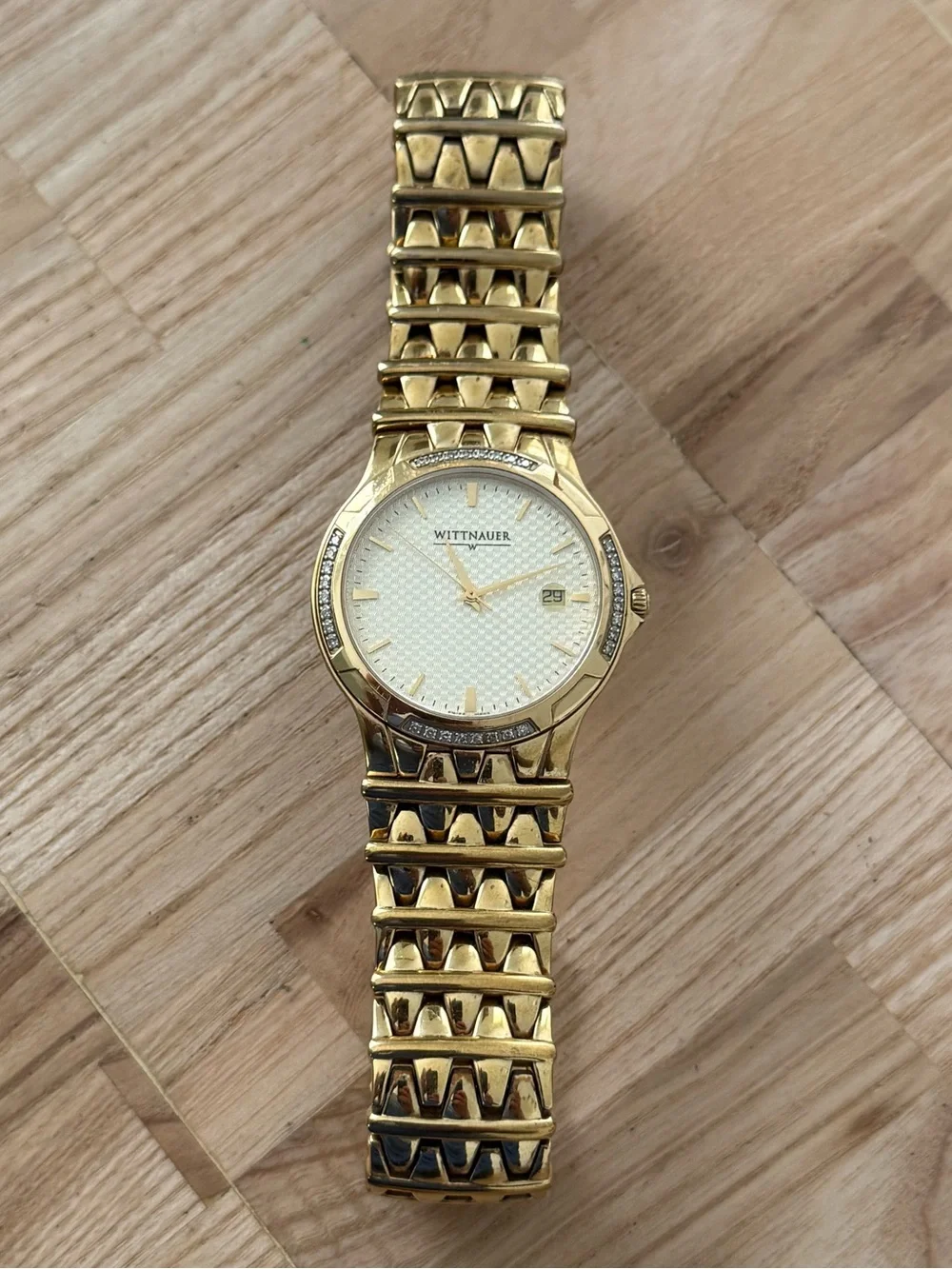 Wittnauer Rare Diamond Vintage Men’s Watch Gold Dial Bracelet Case Date Window